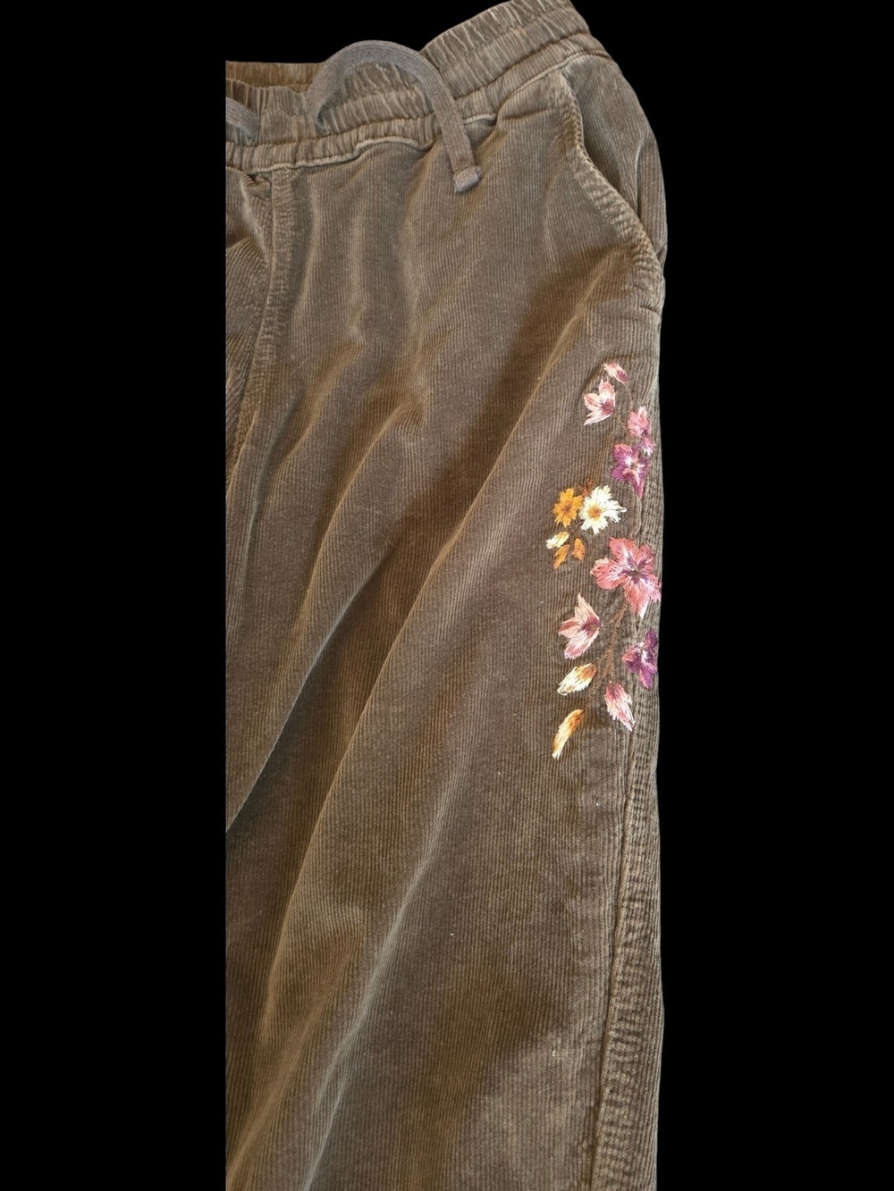 DRIFTWOOD Cordaroy Joggers Olive Brown W Embroidered Floral Design Sz M - Picture 4 of 7